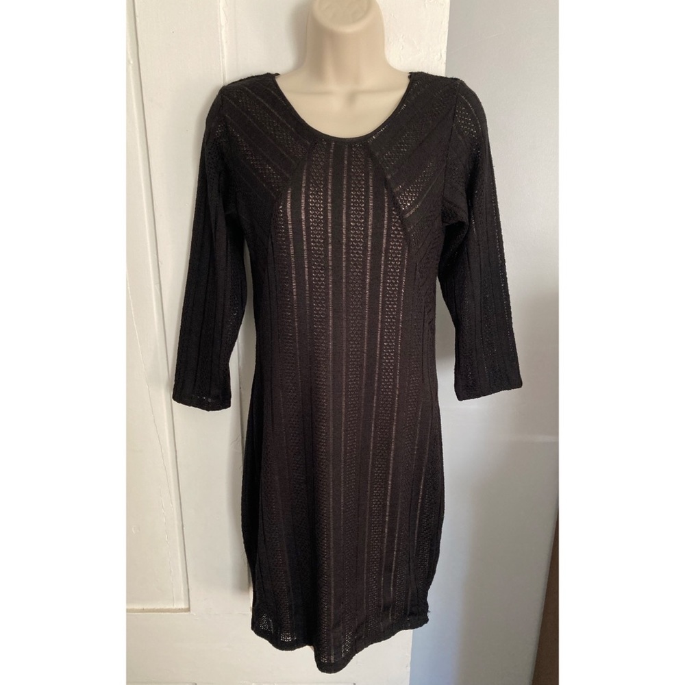 Sanctuary Pointelle Knit 3/4-Sleeve Sweater Dress Lined Black Size XS NWOT